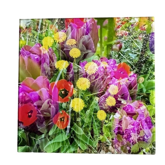 Original Photo Collage Spring Flowers, Framed Acrylic 5” x 5” New Limited Ed.